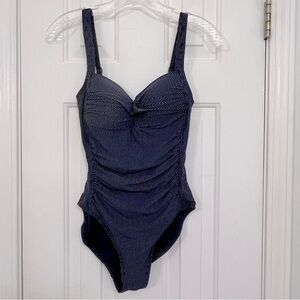 Niptuck Swim navy polka dot ruched bodice slimming modest 1 pc swimsuit, 4.